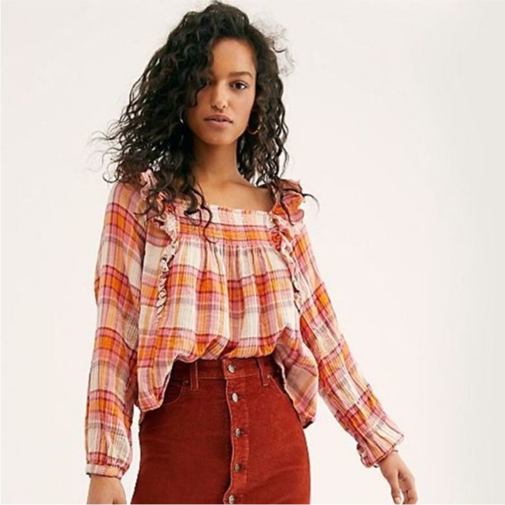 Free People Plaid Seina Blouse Smocked Square Neck Retro Peasant Top NWT